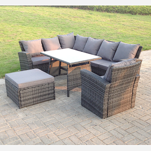 Fimous 8 Seater High Back Rattan Garden Furniture Set Corner Sofa With Oblong Dining Table Footstool With Arm Chair