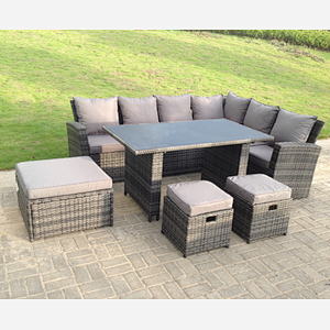Fimous 9 Seater High Back Rattan Garden Furniture Set Corner Sofa With Black Tempered Glass Dining Table 3 Stool