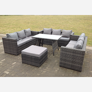 Fimous Outdoor Rattan Garden Furniture Lounge Sofa Set With Oblong Dining Table With Clear Tempered Glass And Big Footstool