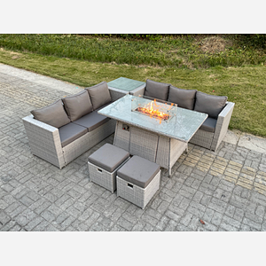 Fimous Light Grey Rattan FirePit Garden Furniture Set Gas Heater Burner Lounge Sofa Dining Table With Side Coffee Table 2 pc Stool