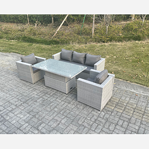 Fimous Rattan Garden Funiture Set Height Adjustable Rising Lifting Table Sofa Dining Set With 2 Arm Chair