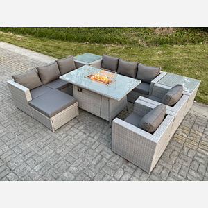 Fimous Light Grey Rattan Fire Pit Garden Furniture Set Gas Heater Burner Lounge Sofa Dining Set 2 Coffee Table Chairs Footstool