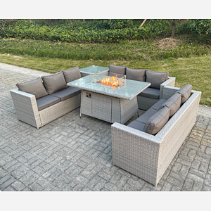 Fimous Light Grey U Shape Lounge Sofa Dining Set With Gas Heater Firepit Dining Table Set Burner With Extra Side Coffee Tea Table