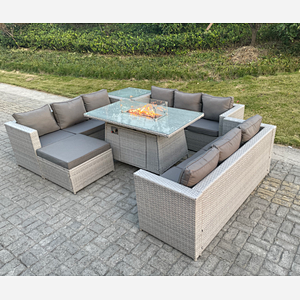 Fimous Light Grey U Shape Lounge Sofa Dining Set With Gas Heater Firepit Burner With Extra Side Coffee Tea Table Big Footstool