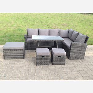 Fimous 9 Seater High Back Rattan Garden Furniture Set Corner Sofa With Oblong Dining Table Big And Small Stool