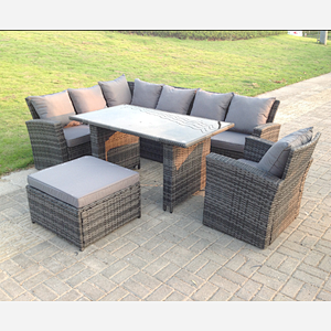 Fimous 8 Seater High Back Rattan Garden Furniture Set Corner Sofa With Black Tempered Dining Table Footstool With Arm Chair