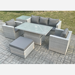 Fimous Rattan Garden Funiture Set Adjustable Rising Lifting Table Sofa Dining Set With 2 Arm Chair Side Table Big Footstool