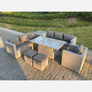 Fimous Rattan Garden Funiture Set Height Adjustable Rising Lifting Table Sofa Dining Set Side Coffee Tea Table Chair Stool
