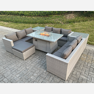 Fimous Light Grey U Shape Lounge Sofa Dining Set With Gas Heater Fire pit Burner With 2 PC Side Coffee Tea Table Footstool
