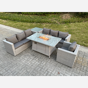 Fimous Light Grey Corner Rattan FirePit Garden Furniture Set Gas Heater Burner Lounge Sofa With Side Coffee Table And Chair