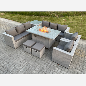 Fimous Light Grey Rattan Fire Pit Garden Furniture Set Gas Heater Burner Lounge Sofa Dining Set Coffee Table Chairs Stool