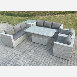 Fimous Rattan Garden Funiture Set Height Adjustable Rising Lifting Table Sofa Dining Set Lounge Sofa 2 Arm Chair Side Table