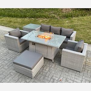 Fimous Rattan Garden Furniture Set Gas Fire Pit Lounge Sofa Chair Dining Set With Side Table And 2 PC Arm Chair Footstool