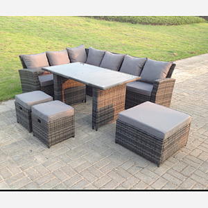 Fimous 9 Seater High Back Rattan Garden Furniture Set Corner Sofa With Black Tempered Dining Table 3 Footstool