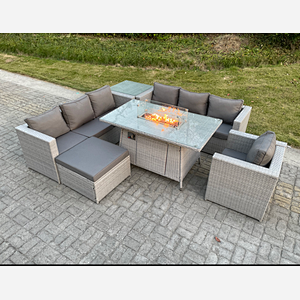 Fimous Light Grey Rattan Fire Pit Garden Furniture Set Gas Heater Burner Lounge Sofa With Side Coffee Table Big Footstool Chair
