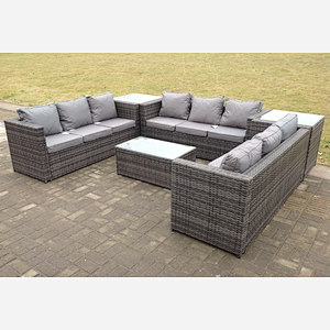Fimous Outdoor Rattan Garden Furniture Lounge Sofa Set With Oblong Coffee Table And 2 Side Tall Table