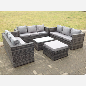 Fimous Outdoor Rattan Garden Furniture Lounge Sofa Set With Oblong Coffee Table With Big Footstool
