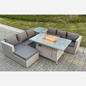 Fimous Light Grey Corner Rattan Fire Pit Garden Furniture Set Gas Heater Burner Lounge Sofa With Side Coffee Table Big Footstool
