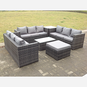 Fimous Outdoor Rattan Garden Furniture Lounge Sofa Set With Oblong Coffee Table And Side Tall High Table With Big Footstool