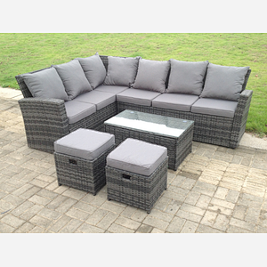 Fimous 8 Seater High Back Rattan Garden Furniture Set Corner Sofa With Oblong Coffee Table Footstool