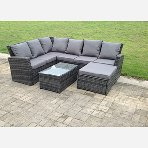 Fimous 7 Seater High Back Rattan Garden Furniture Set Corner Sofa With Oblong Coffee Table Footstool