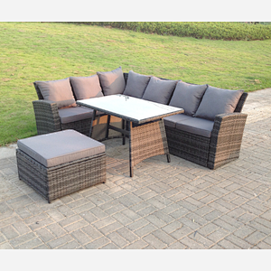 Fimous 7 Seater High Back Rattan Garden Furniture Set Corner Sofa With Oblong Dining Table Footstool