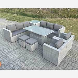 Fimous Rattan Garden Funiture Set Height Adjustable Rising Lifting Table Sofa Dining Set Lounge Chair Side Table Stool