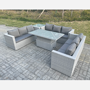 Fimous Lounge Rattan Garden Furniture Set Adjustable Rising Lifting Table Dining Set With Side Coffee Tea Table