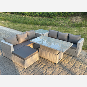 Fimous Rattan Garden Funiture Set Adjustable Rising Lifting Table Sofa Dining Set With Side Coffee Tea Table Footstool