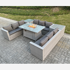 Fimous Light Grey U Shape Lounge Sofa Dining Set With Gas Heater Firepit Burner With 2 PC Side Coffee Tea Table