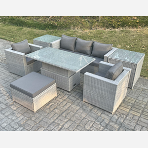 Fimous Rattan Garden Funiture Set Adjustable Rising Lifting Table Sofa Dining Set With 2 Arm Chair 2 Side Table Footstool