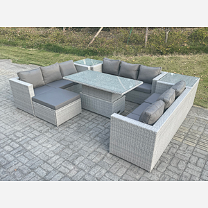 Fimous U Shape Lounge Rattan Garden Furniture Set Height Adjustable Rising Lifting Table Dining Set With 2 PC Side Coffee Table Footstool