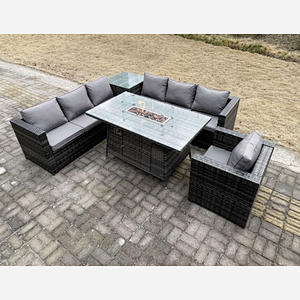 Fimous 7 Seater PE Rattan Corner Sofa Set garden Furniture Gas Firepit Dining Table Set High Side Coffee Table With Arm Chair