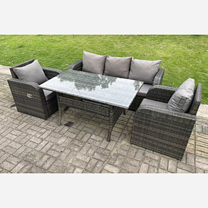 Fimous Dark Grey PE Wicker Rattan Garden Furniture Set 3 Seater Lounge Sofa Reclining Chair Outdoor Rectangular Dining Table 5 Seater