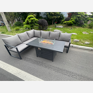Fimous Aluminum Outdoor Garden Furniture Corner Sofa Gas Fire Pit Dining Table Sets Gas Heater Burner Dark Grey 6 Seater