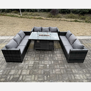 Fimous 9 Seater U Shape Outdoor Lounge Rattan Sofa Set Garden Furniture Gas Firepit Set Dining Table Dark Grey Mixed