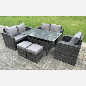 Fimous Dark Grey PE Wicker Rattan Garden Furniture Set Reclining Chair Love Sofa 2 Seater Sofa Set Outdoor Rectangular Dining Table 2 Stools 5 Seater