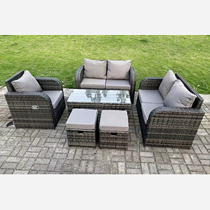 Fimous 7 Seater Dark Grey PE Wicker Rattan Garden Furniture Set Reclining Chair Love Sofa 2 Seater Sofa Set Outdoor Oblong Coffee Table Stools High Back