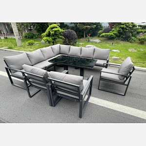 Fimous Aluminum Outdoor Garden Furniture Corner Sofa 3 Arm Chair Adjustable Rising Lifting Dining Table Set Dark Grey 10 Seater