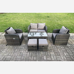 Fimous Dark Grey PE Wicker Rattan Garden Furniture Set Love Sofa Reclining Chair Outdoor Rectangular Coffee Table Stools 6 Seater