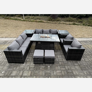 Fimous 10 Seater Outdoor Lounge Rattan Sofa Set Garden Furniture Gas Firepit Set Heater Dining Table With Chair and 2 Coffee Table Dark Grey Mixed