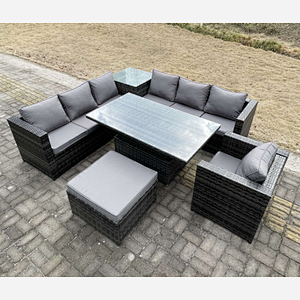 Fimous 8 Seater PE Rattan Corner Sofa Set Rising Adjustable Dining Table Set High Side Coffee Table With Arm Chair Big Footstool