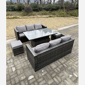 Fimous 8 Seater Outdoor Rattan Sofa Set Garden Furniture Adjustable Rising Lifting Dining Table Footstools Dark Grey Mixed