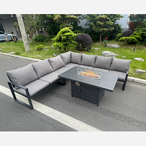 Fimous Aluminum Outdoor Garden Furniture Corner Sofa Gas Fire Pit Dining Table Sets Gas Heater Burner Dark Grey 7 Seater
