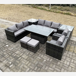 Fimous 9 Seater Outdoor Rattan Garden Furniture Set Adjustable Rising Lifting Dining Table With Side Table Chairs Stools Dark Grey Mixed