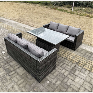 Fimous 6 Seater Outdoor Rattan Sofa Set Garden Furniture Adjustable Rising Lifting Dining Table Dark Grey Mixed