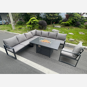 Fimous Aluminum Outdoor Garden Furniture Corner Sofa Chair Gas Fire Pit Dining Table Sets Gas Heater Burner Dark Grey 8 Seater
