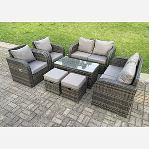 Fimous 8 Seater Dark Grey PE Wicker Rattan Garden Furniture Set Reclining Chair 2 Seater Love Sofa Set Outdoor Rectangular Coffee Table Stools
