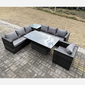 Fimous 7 Seater PE Rattan Corner Sofa Set Garden Furniture Rising Adjustable Dining Table Set High Side Coffee Table With Arm Chair