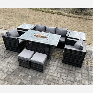 Fimous Outdoor PE Rattan Garden Furniture Gas Fire Pit Dining Table Armchairs With 2 Side Coffee Table Stools Dark Grey Mixed